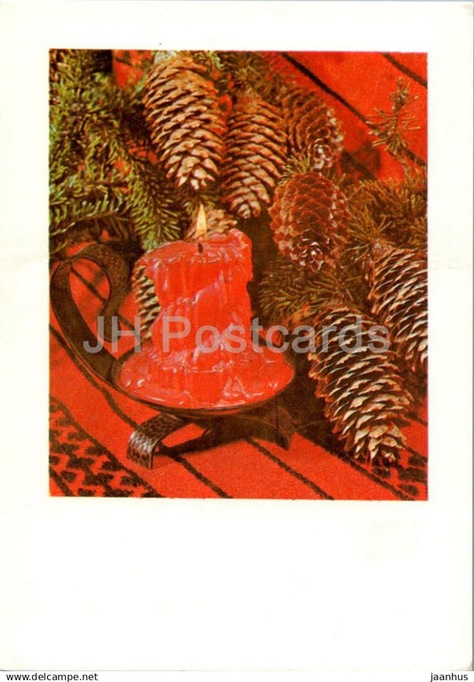 New Year Greeting card - 1 - fir cones - candle - 1980 - Estonia USSR - used - JH Postcards