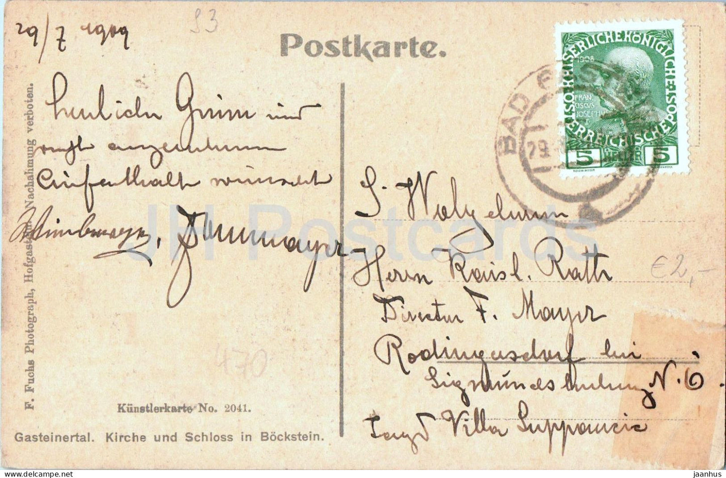 Gasteinertal - Kirche und Schloss in Bockstein - église - château - 2041 - carte postale ancienne - 1919 - Autriche - utilisé 