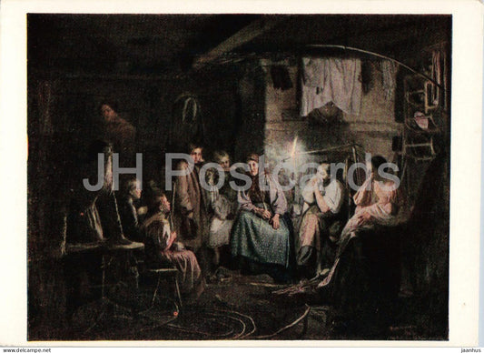 painting by Vasily Maksimov - Grandmothers Tales - Russian art - old postcard - 1957 - Russia USSR - unused - JH Postcards