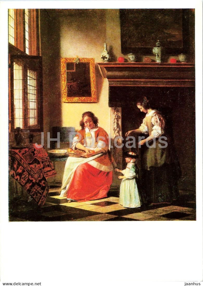 painting by Pieter de Hooch - The Apple Peeler - Die Apfelschalerin - Dutch art - 1821 - 1979 - Germany DDR - unused - JH Postcards
