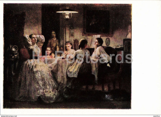 painting by Vasily Maksimov - Sewing the Dowry - Russian art - 1961 - Russia USSR - unused - JH Postcards