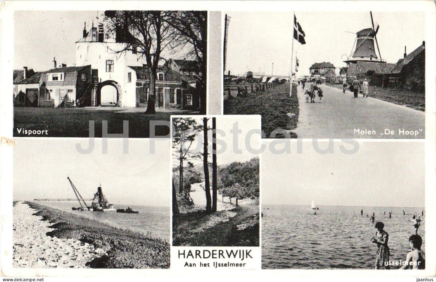 Harderwijk Aan het Ijsselmeer - Lake Ijssel - Vispoort - harbour - windmill - WH 3 - 1950s - Netherlands - used - JH Postcards