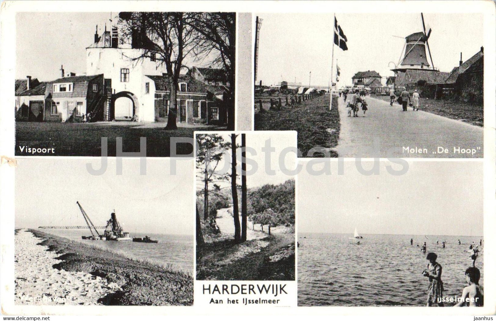 Harderwijk Aan het Ijsselmeer - Lake Ijssel - Vispoort - harbour - windmill - WH 3 - 1950s - Netherlands - used - JH Postcards