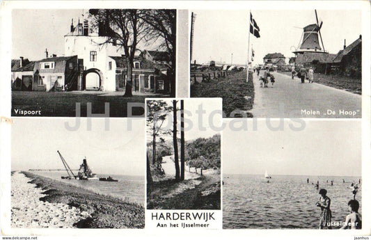 Harderwijk Aan het Ijsselmeer - Lake Ijssel - Vispoort - harbour - windmill - WH 3 - 1950s - Netherlands - used - JH Postcards