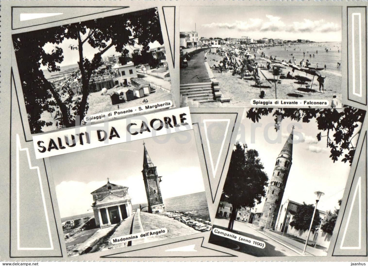 Saluti Da Caorle - Greetings - beach - seaside resort - church - bell tower - multiview - Italy - used - JH Postcards