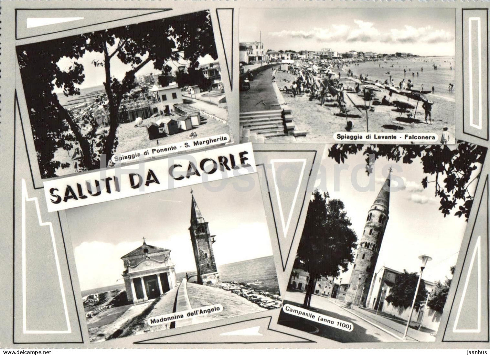 Saluti Da Caorle - Greetings - beach - seaside resort - church - bell tower - multiview - Italy - used - JH Postcards