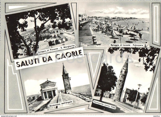 Saluti Da Caorle - Greetings - beach - seaside resort - church - bell tower - multiview - Italy - used - JH Postcards