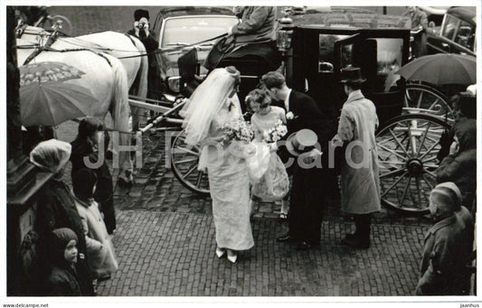 Wedding scene - bride with horses - carriage - real photo postcard - 1950s - Netherlands - unused - JH Postcards