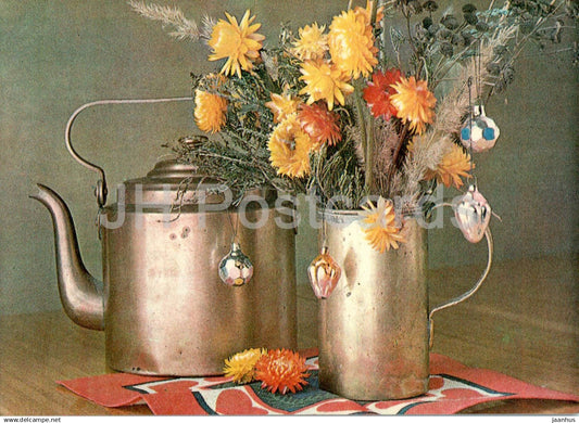 New Year Greeting Card - 1 - teapot - flowers - decorations - 1981 - Estonia USSR - used - JH Postcards