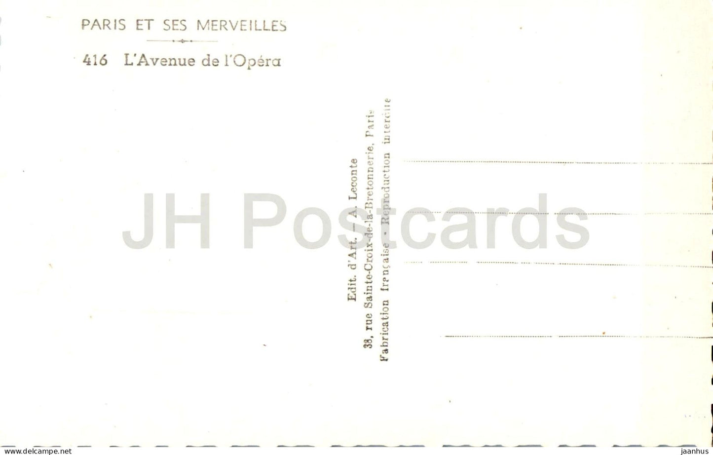 Paris Et Ses Merveilles - L'Avenue de l'Opera - Avenue of the Opera - 416 - old postcard - France - unused