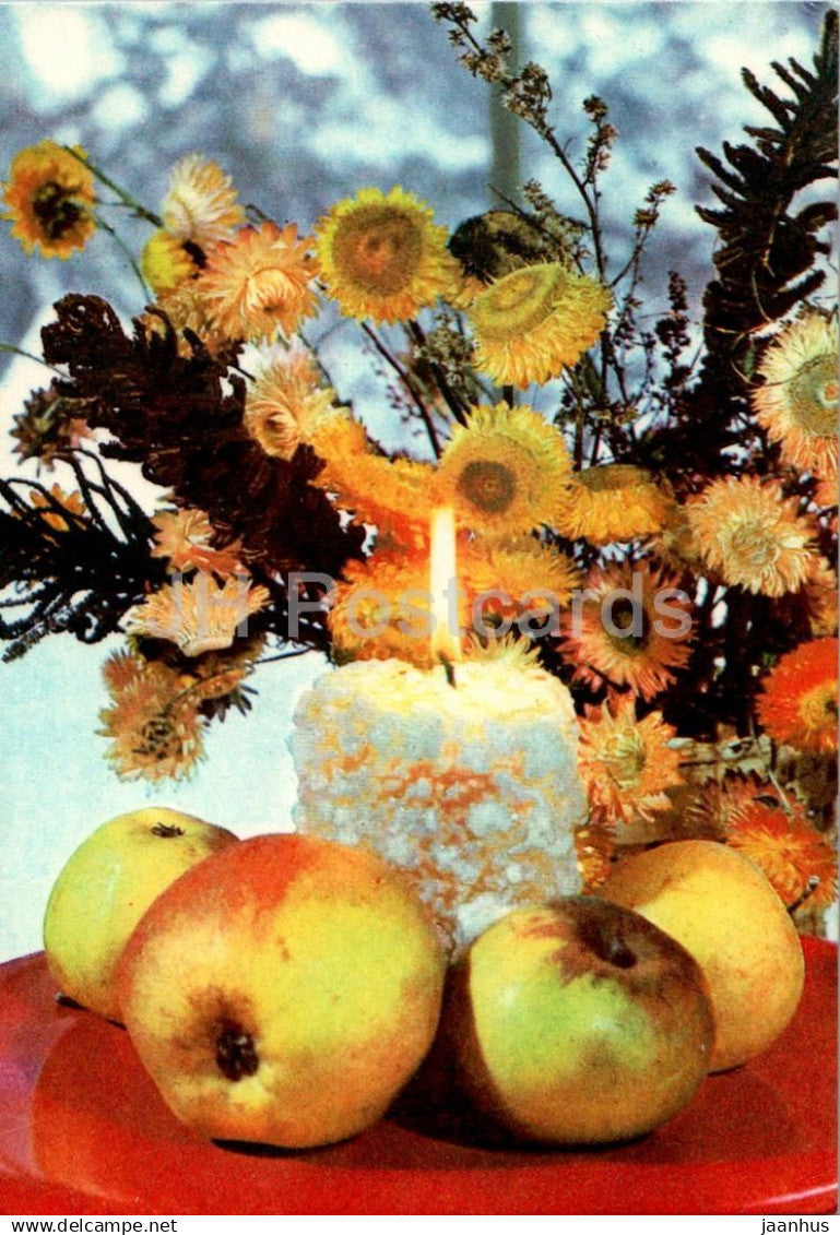 New Year Greeting Card - Apple - Candle - flowers - 1 - 1979 - Estonia USSR - used - JH Postcards