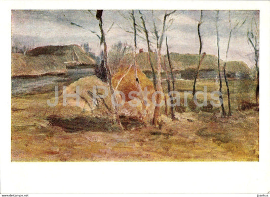 painting by A. S. Stepanov - Autumn Haystacks - landscape - Russian art - 1964 - Russia USSR - unused - JH Postcards