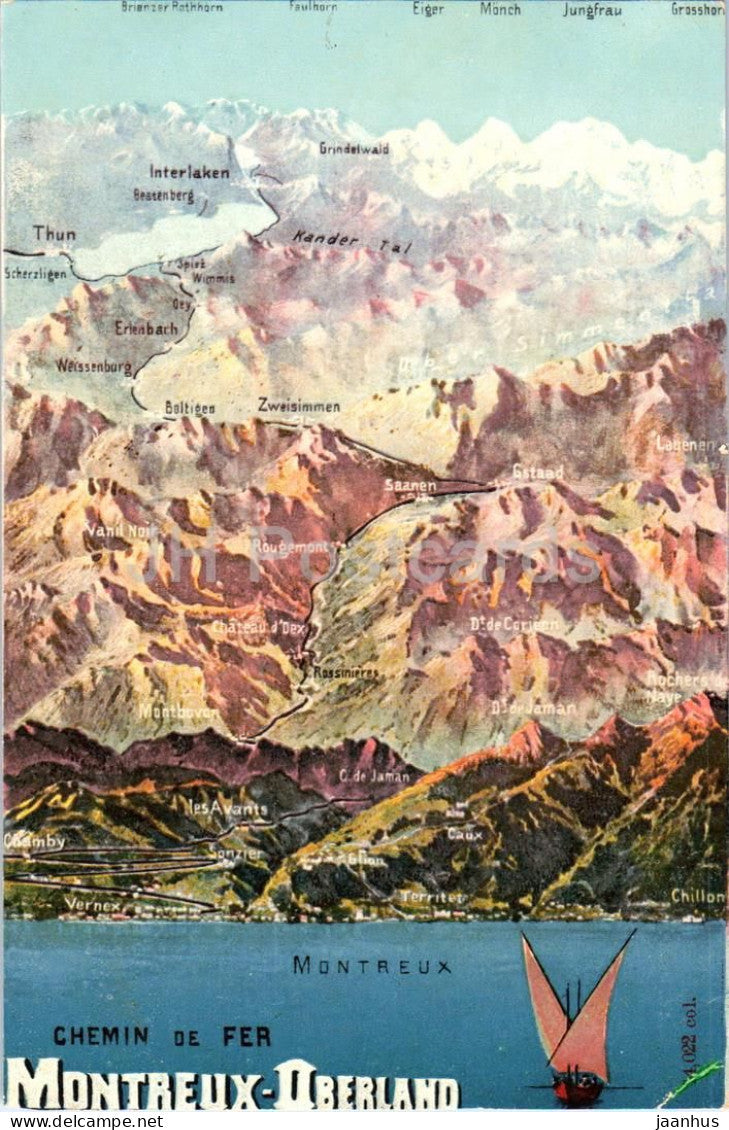 Chemin de fer Montreux Oberland - panoramic route map - 4022 Col. - old postcard - 1907 - Switzerland - used - JH Postcards