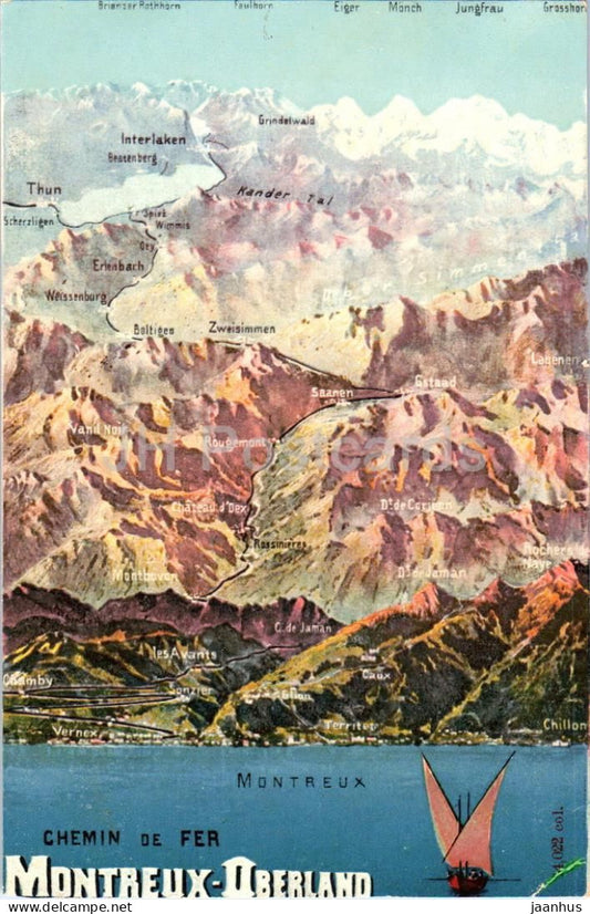 Chemin de fer Montreux Oberland - panoramic route map - 4022 Col. - old postcard - 1907 - Switzerland - used - JH Postcards
