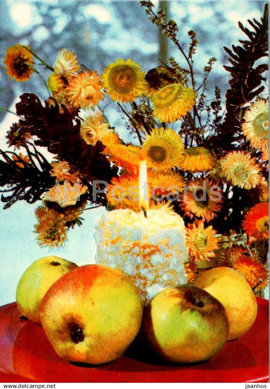New Year Greeting Card - Apple - Candle - flowers - 1979 - Estonia USSR - used - JH Postcards
