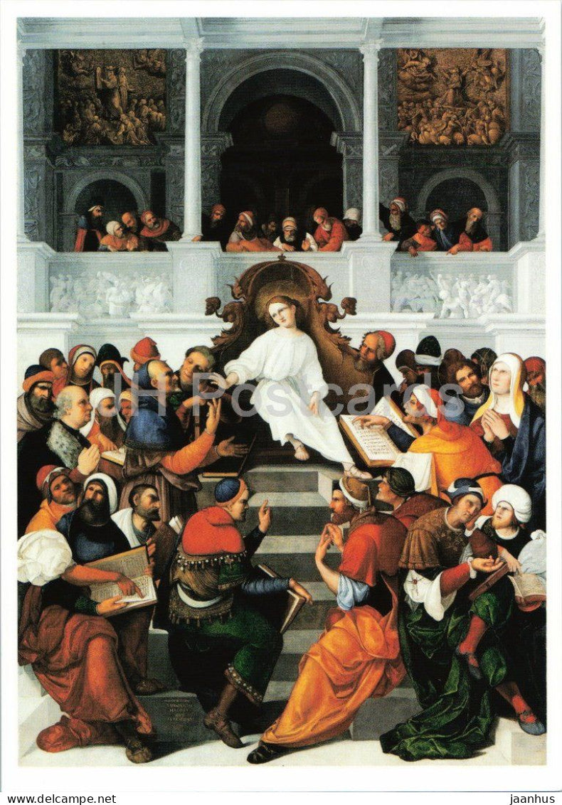 painting by Ludovico Mazzolino - Christ among the Doctors - Jesus im Tempel lehrend - Italian art - Germany - unused - JH Postcards