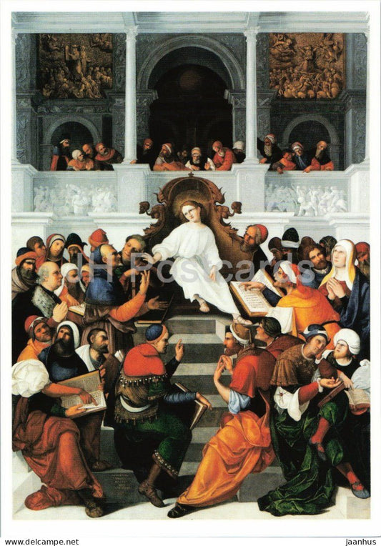 painting by Ludovico Mazzolino - Christ among the Doctors - Jesus im Tempel lehrend - Italian art - Germany - unused - JH Postcards