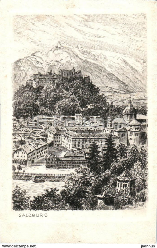 Salzburg - city view - Hohensalzburg fortress - Alps - panorama - illustration - old postcard - 1942 - Austria - used - JH Postcards