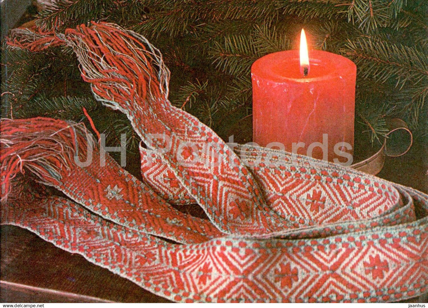 New Year Greeting card - 2 - candle - belt of folk costume - 1981 - Estonia USSR - used - JH Postcards