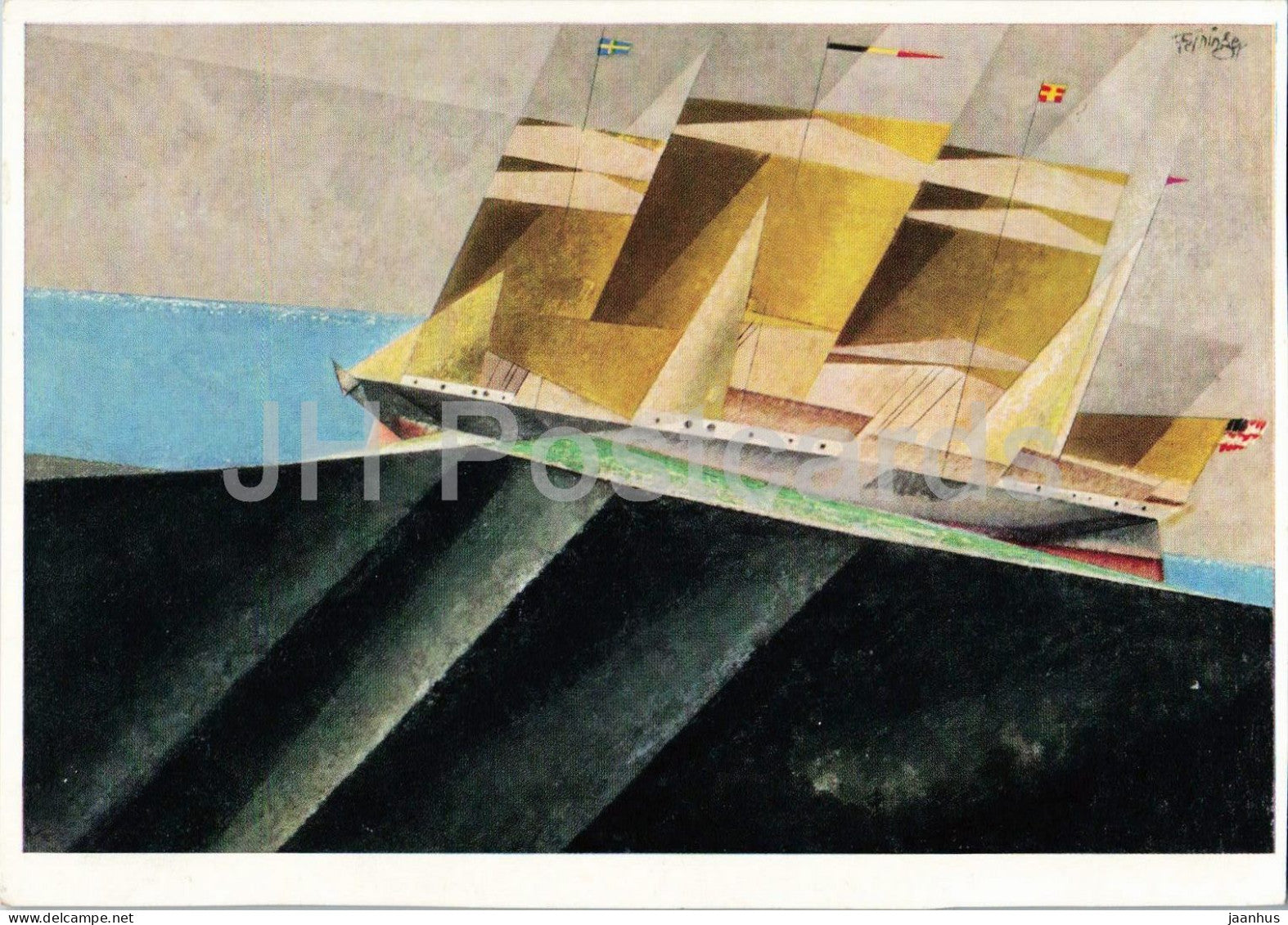 painting by Lyonel Feininger - Black Wave - Schwarze Welle - ship - German art - 7155 - 1960s - Germany - unused - JH Postcards