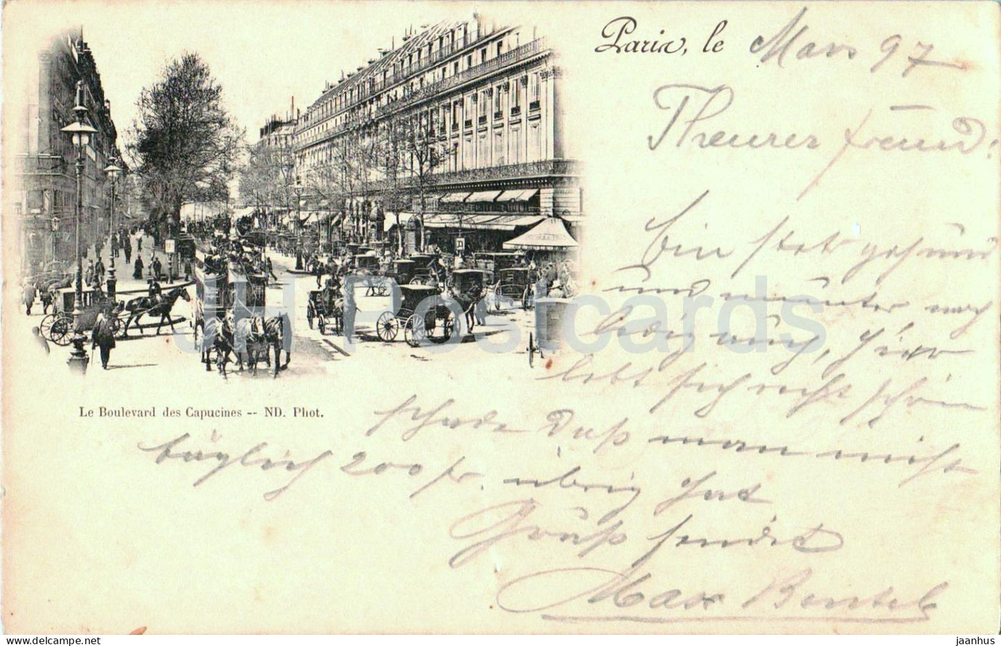 Paris - Le Boulevard des Capucines - horse carriage - old postcard - 1897 - France - used - JH Postcards