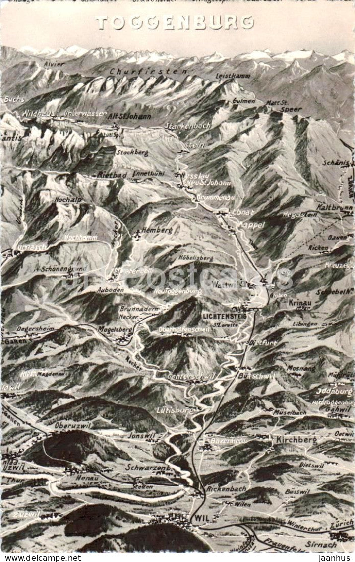 Toggenburg - pictorial map with mountain ranges and valleys - 1142 - old postcard - Switzerland - unused - JH Postcards