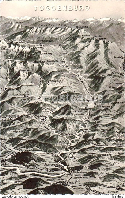 Toggenburg - pictorial map with mountain ranges and valleys - 1142 - old postcard - Switzerland - unused - JH Postcards