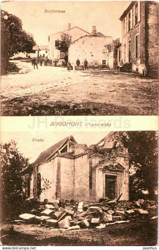 Angomont - Dorfstrasse - Kirche - Village Street - Church - WWI - ruins - Nr.137 - old postcard - France - unused - JH Postcards