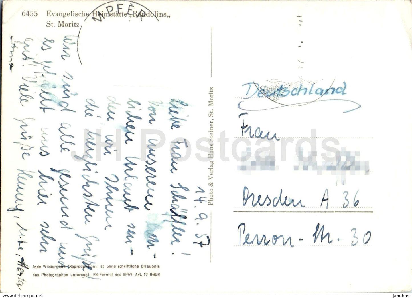 Evangelische Heimstatte Randolins - St. Moritz - montagnes - Alpes - vieille carte postale - 6455 - 1957 - Suisse - oblitérée