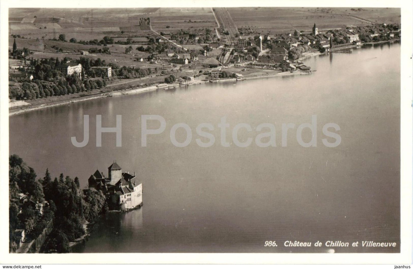 Chateau de Chillon et Villeneuve - aerial view across Lake Geneva - 986 - old postcard - 1934 - Switzerland - used - JH Postcards