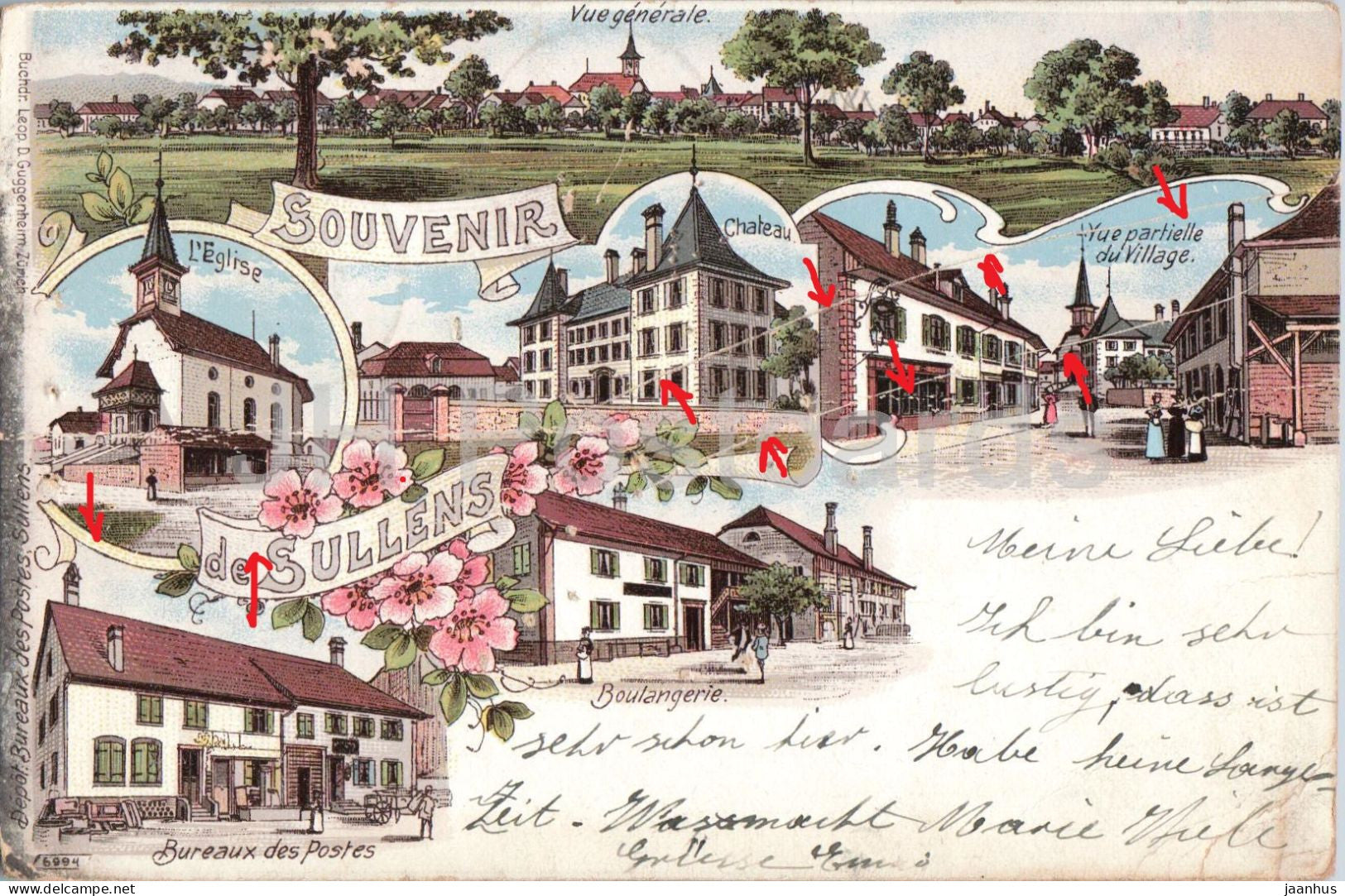 Souvenir de Sullens - church - chateau - post office & bakery - Litho - 6994 - old postcard - 1907 - Switzerland - used - JH Postcards