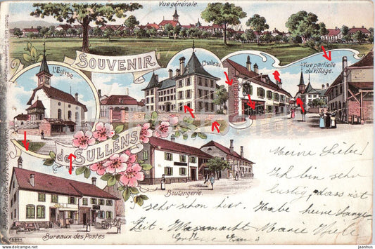 Souvenir de Sullens - church - chateau - post office & bakery - Litho - 6994 - old postcard - 1907 - Switzerland - used - JH Postcards