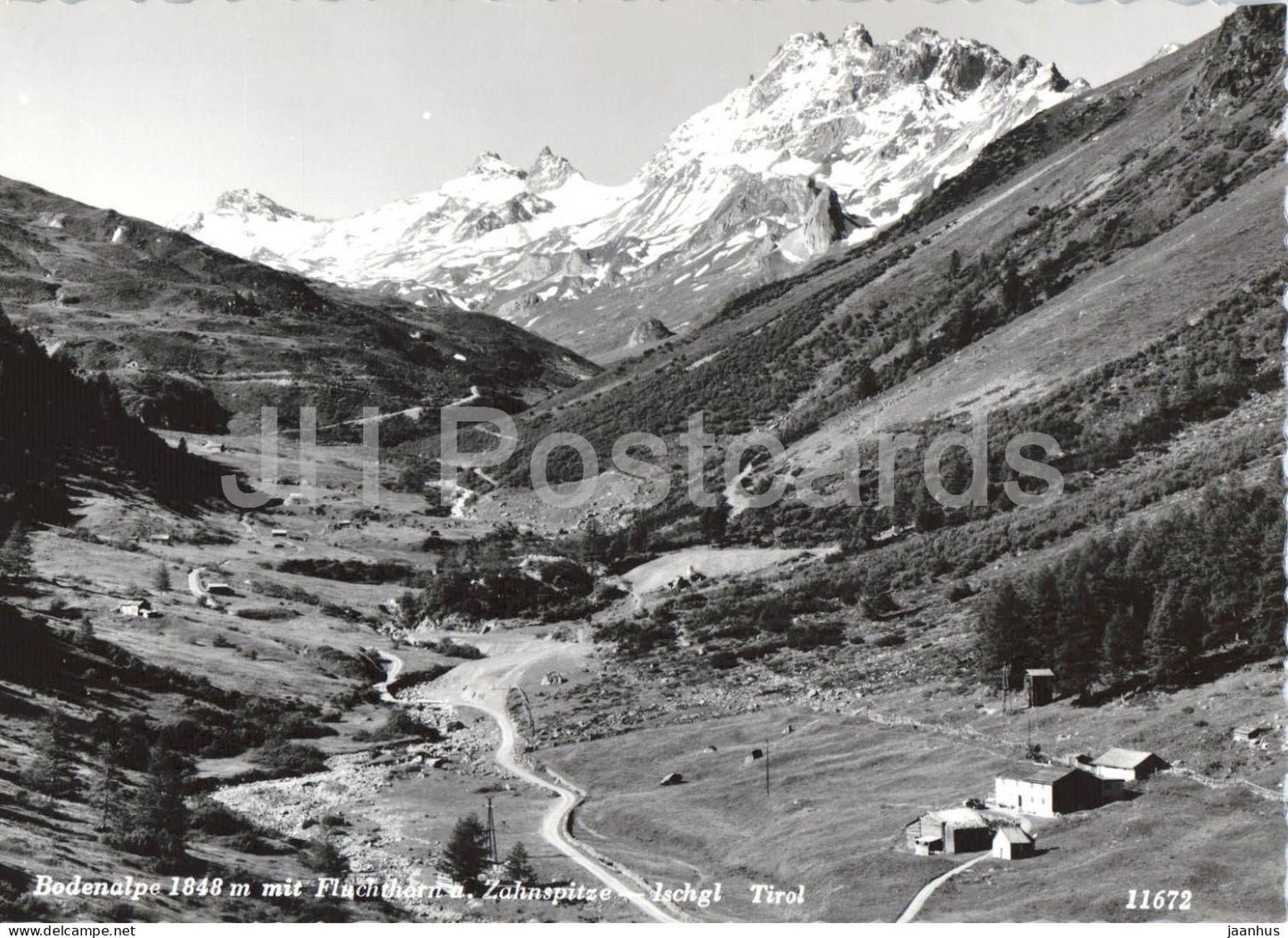 Bodenalpe 1848 m mit Fluchthorn - Zahnspitze - Ischgl - Tirol Alps - mountains - 11672 - old postcard - Austria - unused - JH Postcards
