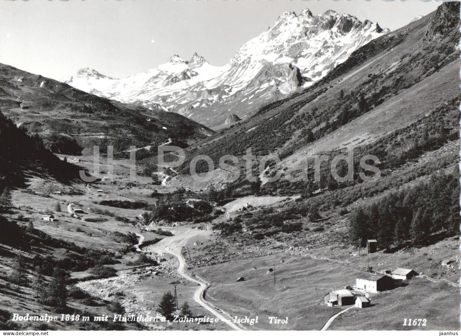 Bodenalpe 1848 m mit Fluchthorn - Zahnspitze - Ischgl - Tirol Alps - mountains - 11672 - old postcard - Austria - unused - JH Postcards
