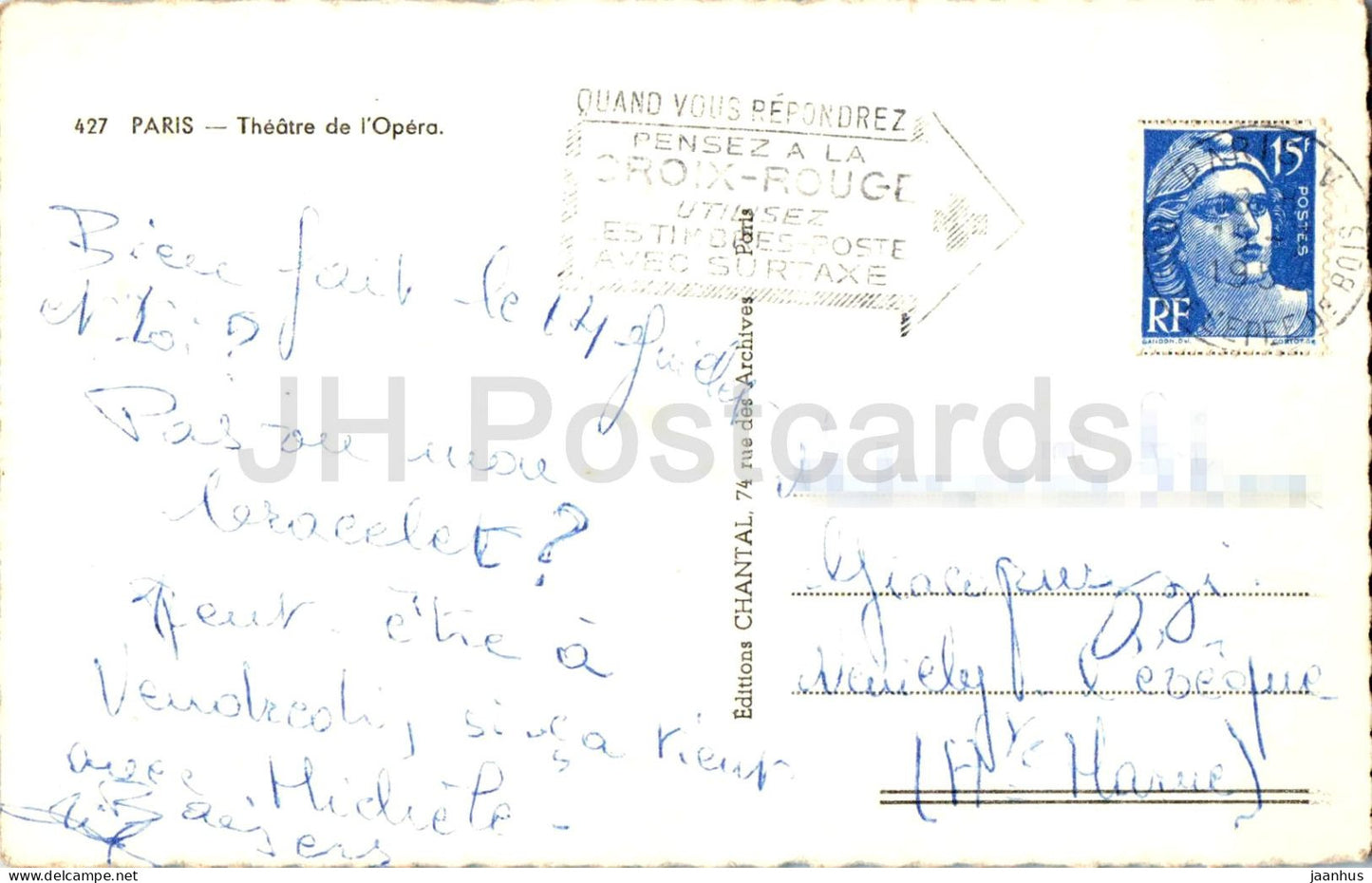 Paris - Theatre de l'Opera - Opera Theatre - opera house facade - 427 - old postcard - 1951 - France - used