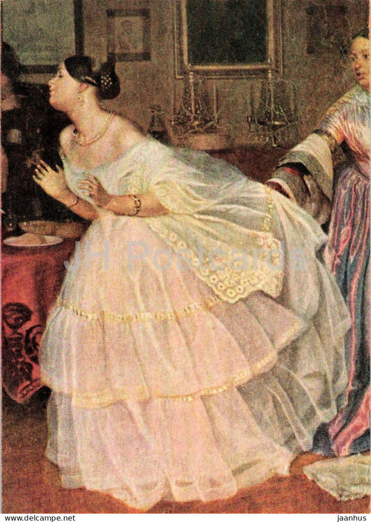 painting by Pavel Fedotov - The Majors Courtship - detail - Russian art - 1965 - Russia USSR - unused - JH Postcards