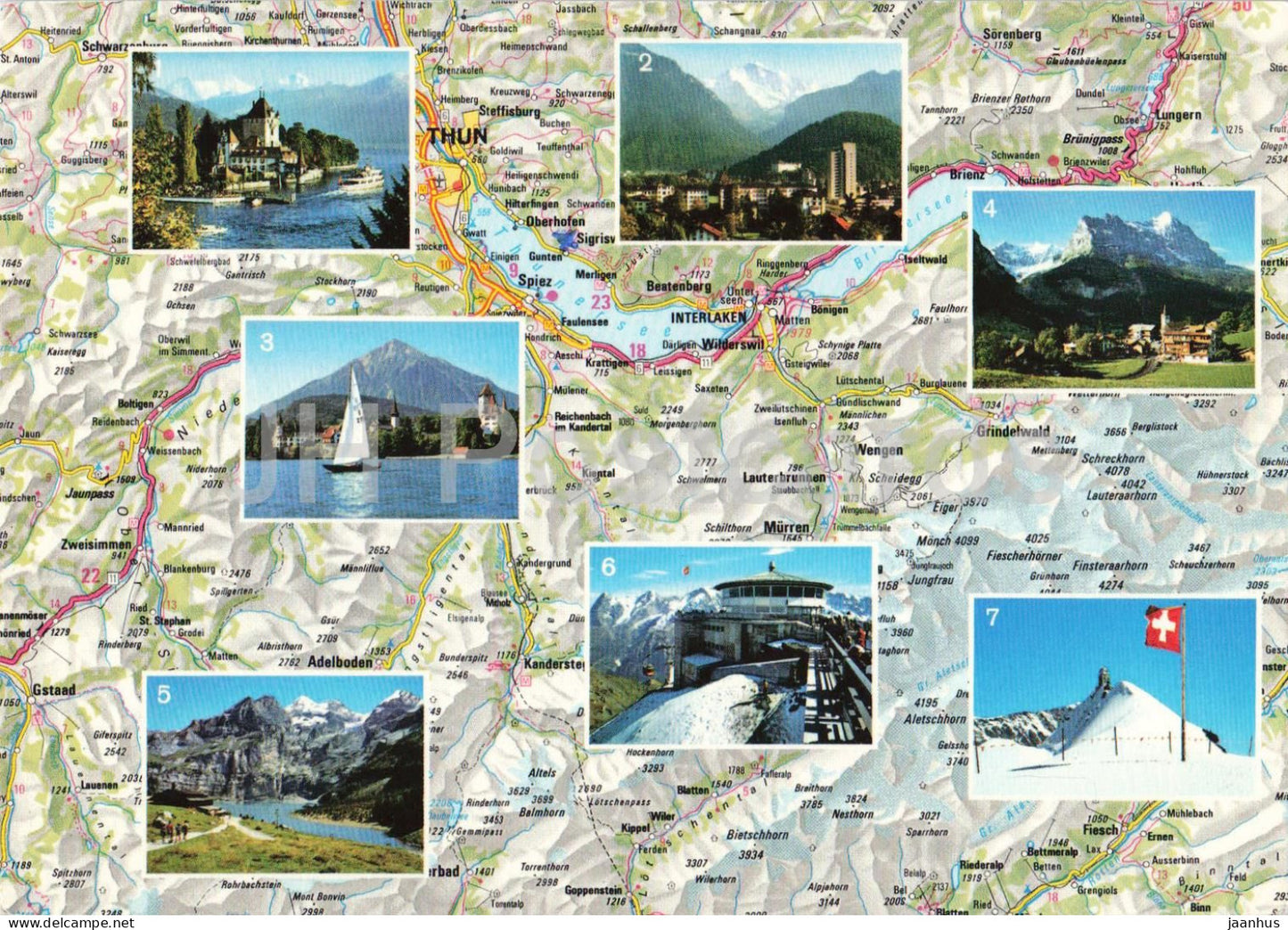 Berner Oberland - map - castle Interlaken Jungfrau Schilthorn Jungfraujoch multiview - 46760 - 1982 - Switzerland - used - JH Postcards