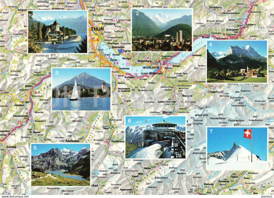 Berner Oberland - map - castle Interlaken Jungfrau Schilthorn Jungfraujoch multiview - 46760 - 1982 - Switzerland - used - JH Postcards