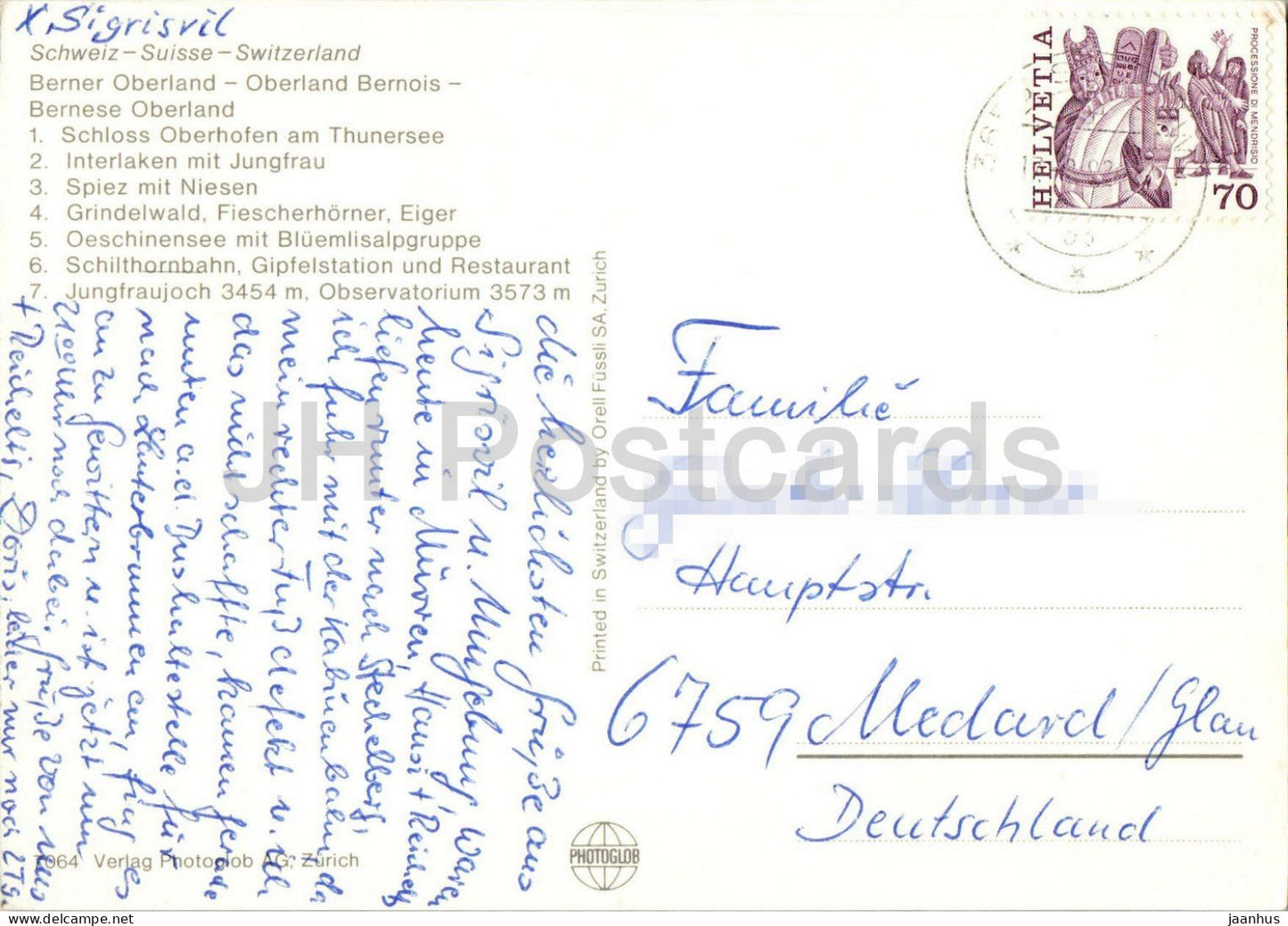 Berner Oberland - map - castle Interlaken Jungfrau Schilthorn Jungfraujoch multiview - 46760 - 1982 - Switzerland - used