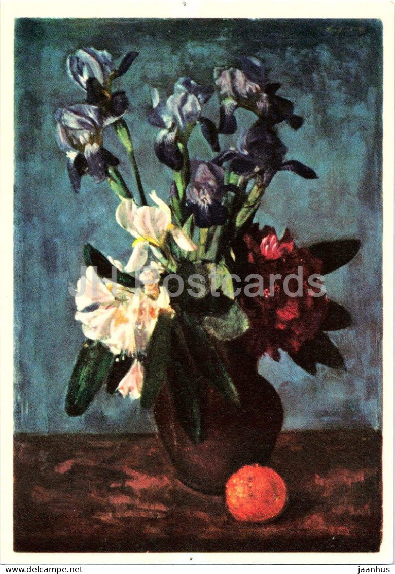 painting by Wilhelm Lachnit - Flower Still Life with Iris - Blumenstilleben mit Iris - German art - Germany DDR - unused - JH Postcards