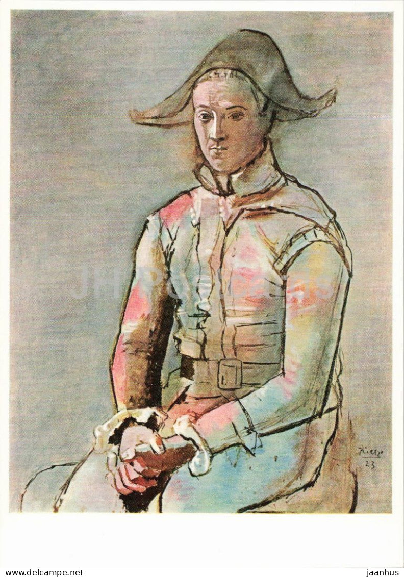 painting by Pablo Picasso - Seated Harlequin - Arlequin - Spanish art - Switzerland - unused - JH Postcards