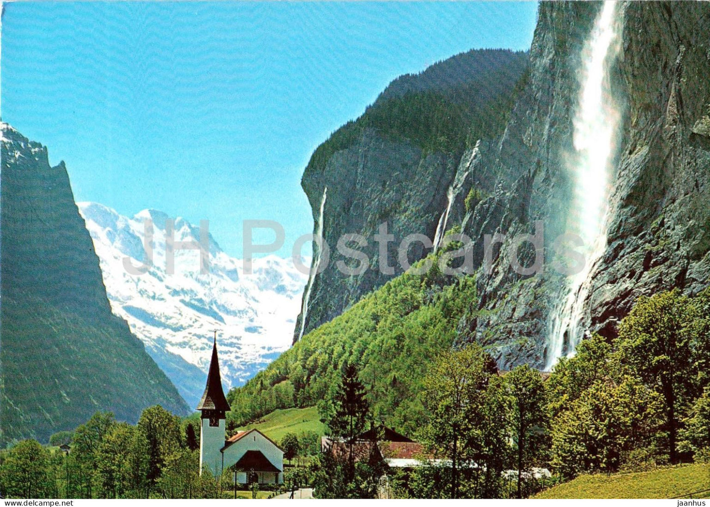 Lauterbrunnen Staubbachfall mit Kirche und Grosshorn - church - mountains - Alps - 5619 - 1987 - Switzerland - used - JH Postcards