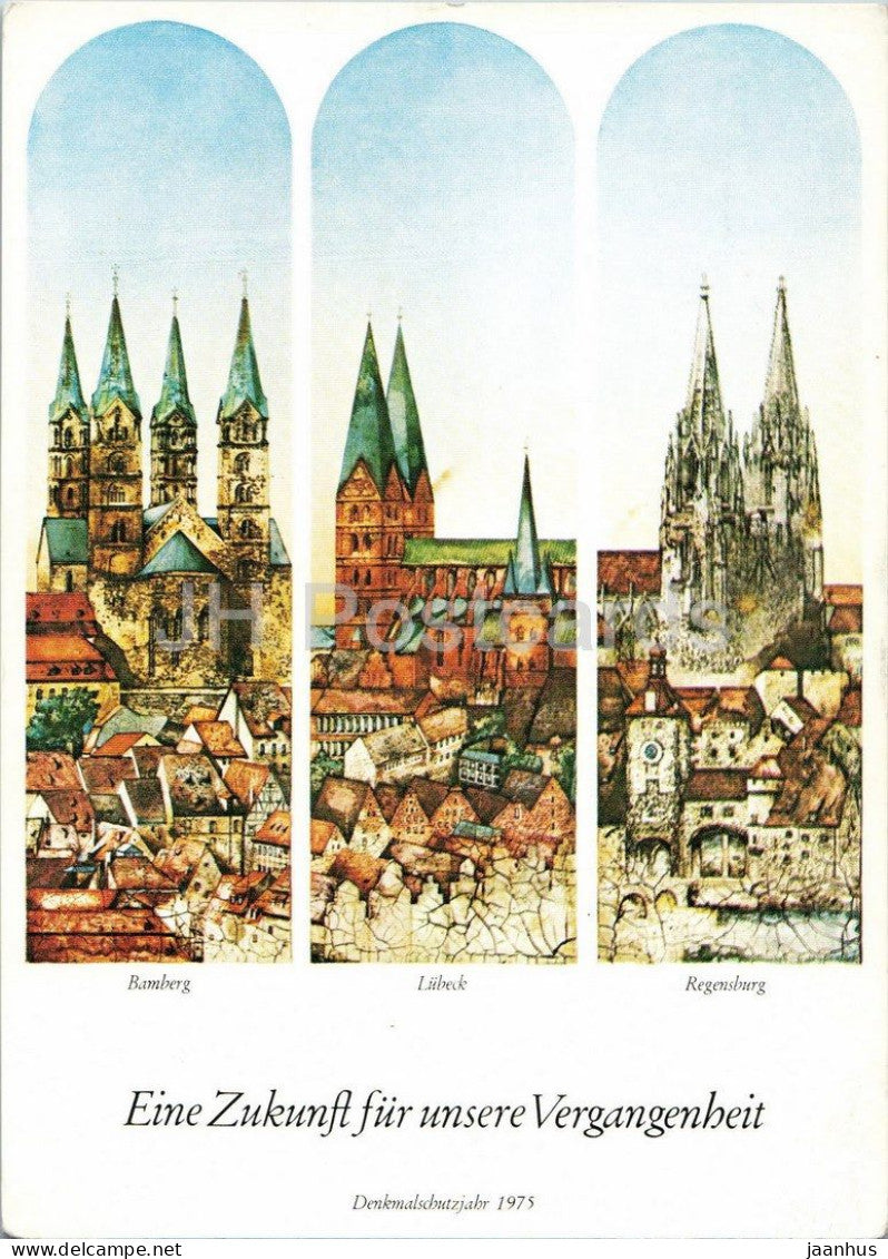 poster by Michael Mathias Prechtl - Monument Protection Year - Bamberg Lubeck Regensburg - 1975 - Germany - used - JH Postcards