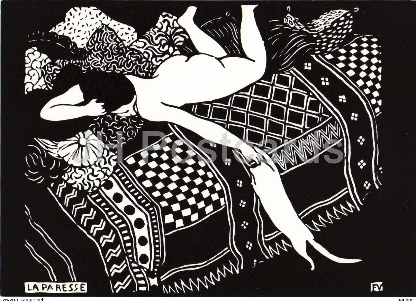 woodcut by Felix Vallotton - Laziness - Die Tragheit - cat - Swiss art - 1995 - Germany - unused - JH Postcards