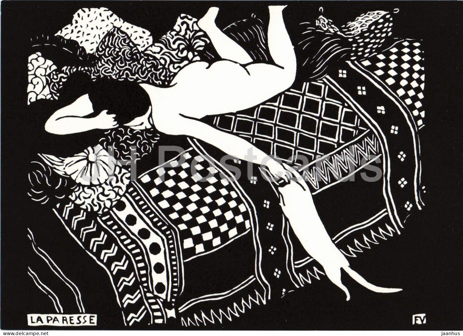 woodcut by Felix Vallotton - Laziness - Die Tragheit - cat - Swiss art - 1995 - Germany - unused - JH Postcards