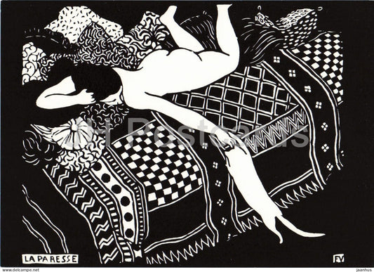 woodcut by Felix Vallotton - Laziness - Die Tragheit - cat - Swiss art - 1995 - Germany - unused - JH Postcards