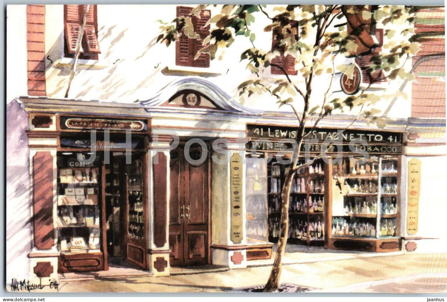 Gibraltar - Lewis Stagnetto LTD established 1870 - shop facade - wines spirits tobacco illustration - Gibraltar - unused - JH Postcards