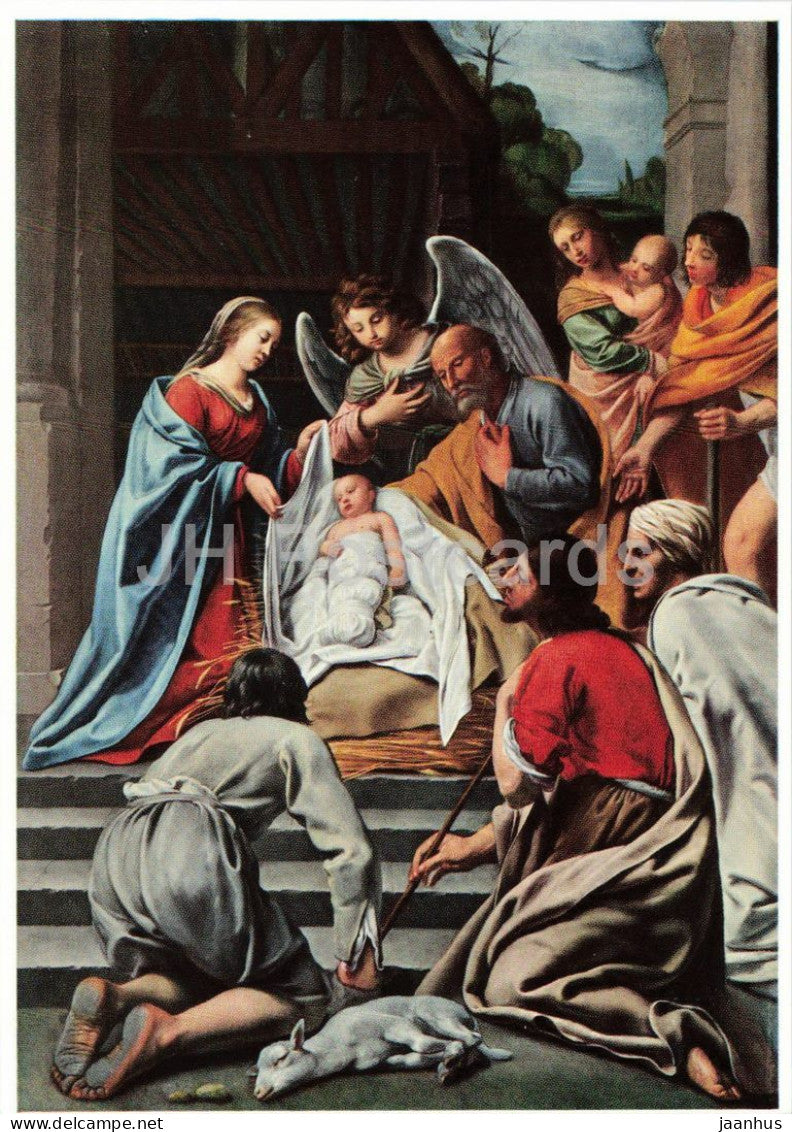 painting by Le Nain - The Adoration of the Shepherds - Die Anbetung der Hirten - sheep - French art - Germany - used - JH Postcards