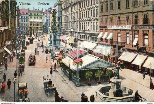 Wien - Vienna - Graben - Street view - horse carts - shops - old postcard - 1916 - Austria - used - JH Postcards