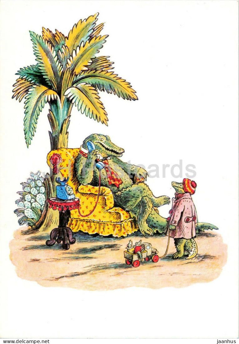 crocodile - palm - Phone - Fairy Tale by Chukovsky - illustration - 1969 - Russia USSR - unused - JH Postcards